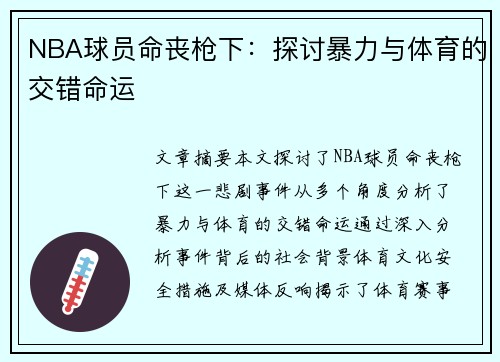 NBA球员命丧枪下：探讨暴力与体育的交错命运